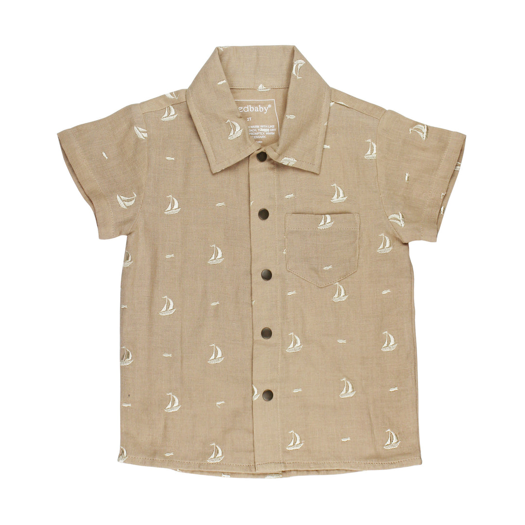 Kids' Muslin Button-Up S/Sleeve in Oatmeal Sailboat.