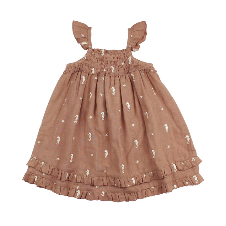 Kids' Organic Muslin Summer Dress in Adobe Seahorse.