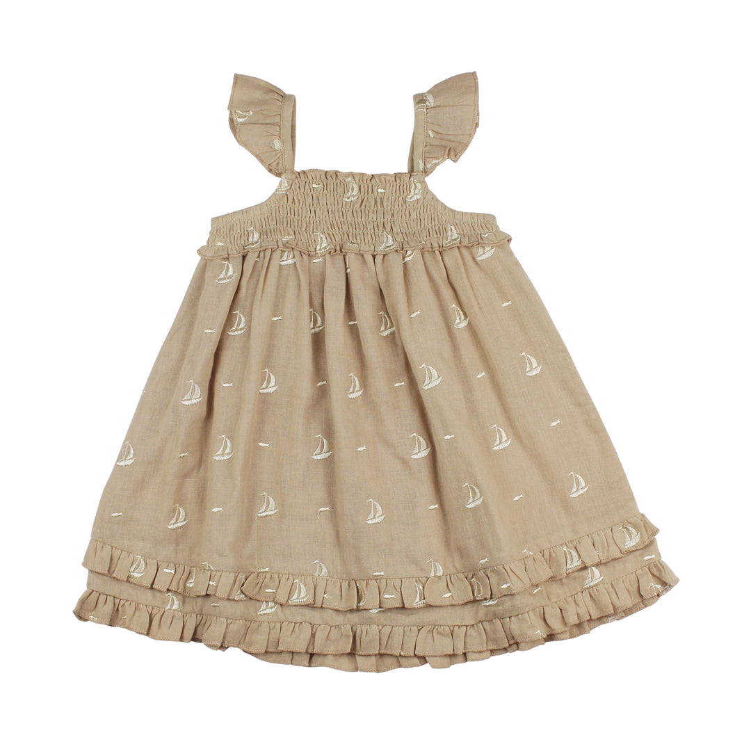 Kids' Organic Muslin Summer Dress in Oatmeal Sailboat.