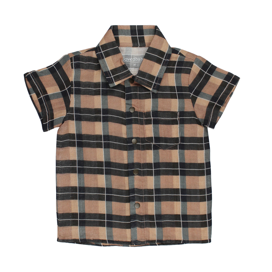 Kids' Printed Muslin Button-Up S/Sleeve in Adobe Chia Plaid.
