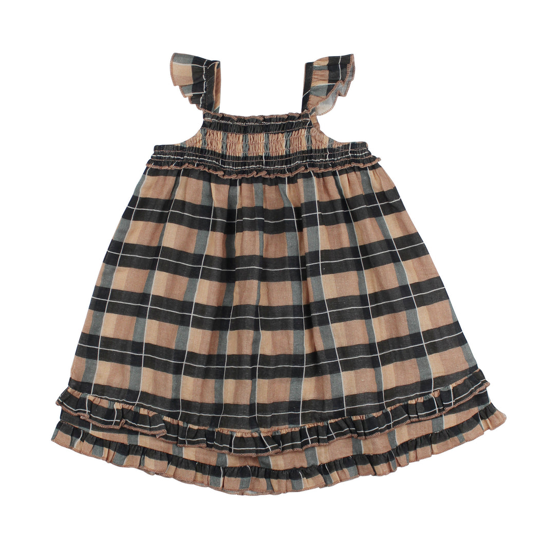 Kids' Organic Muslin Summer Dress in Adobe Chia Plaid.