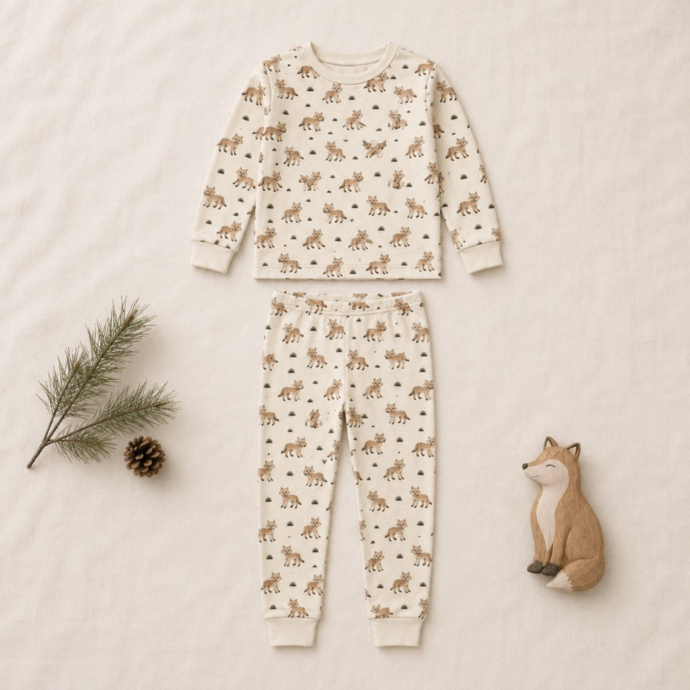 Child wearing Kids' Organic L/Sleeve PJ Set in Coyote.