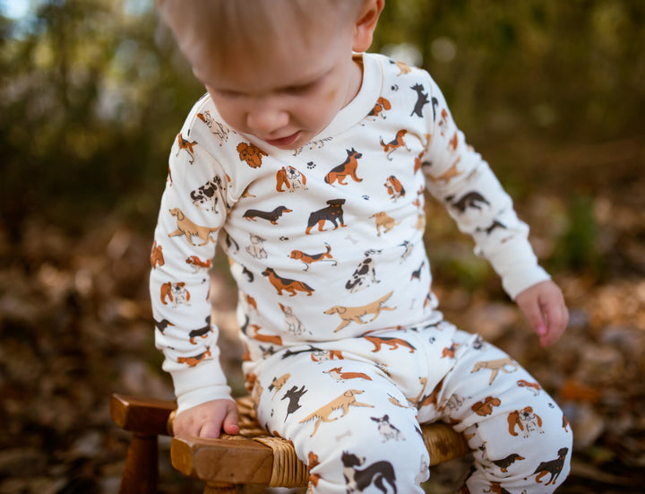 Child wearing Kids' Organic L/Sleeve PJ Set in Puppy Love.