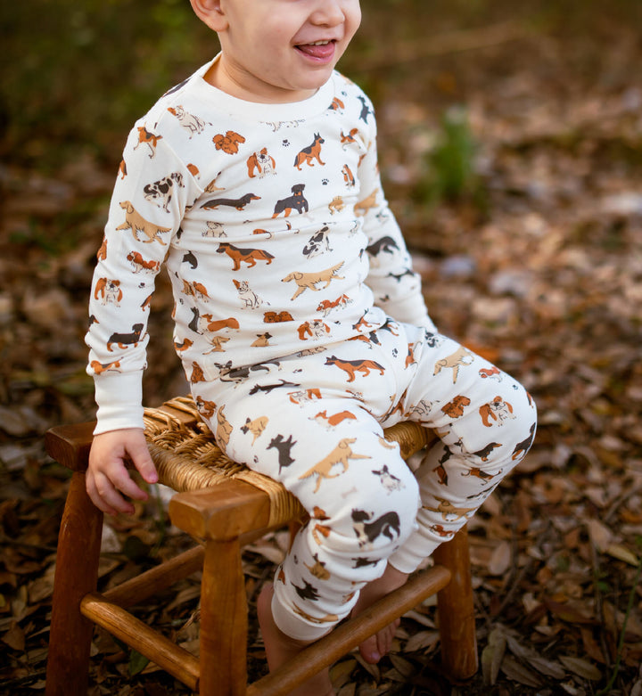 Child wearing Kids' Organic L/Sleeve PJ Set in Puppy Love.