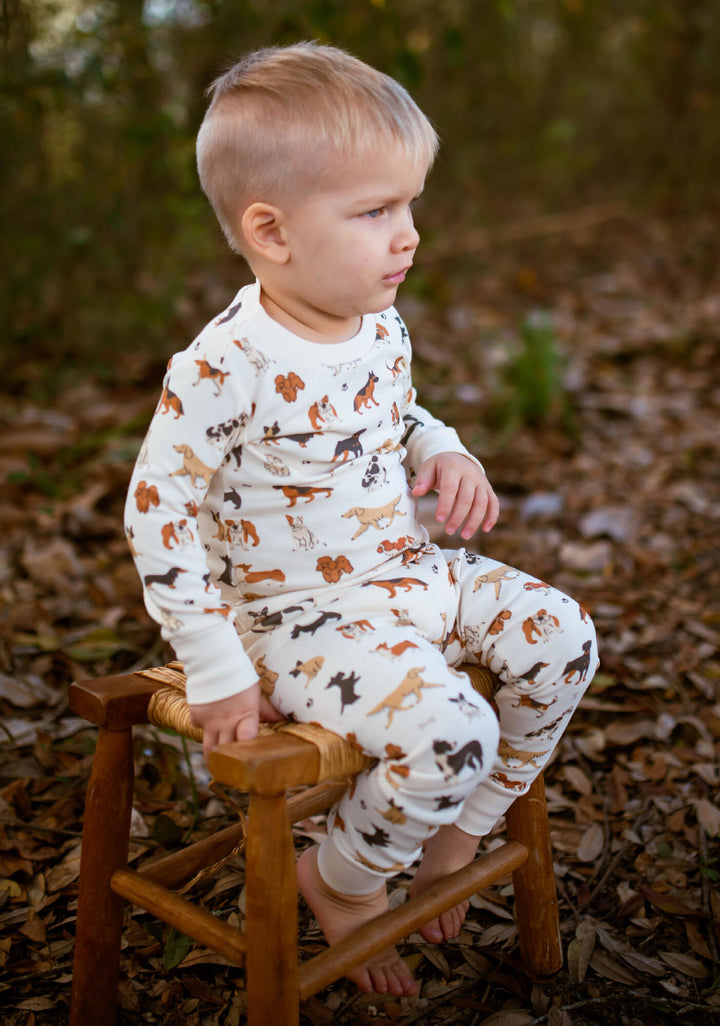 Child wearing Kids' Organic L/Sleeve PJ Set in Puppy Love.