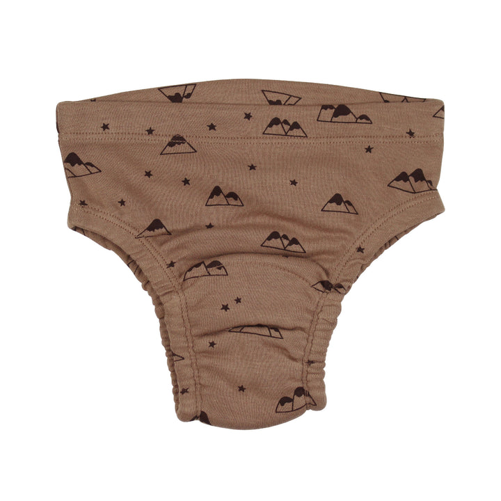 Brown briefs with mountain pattern on a white background