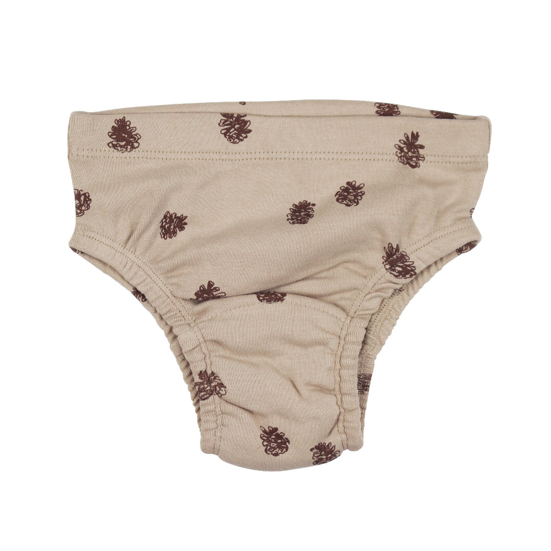 Beige briefs with brown pine cone pattern on a white background