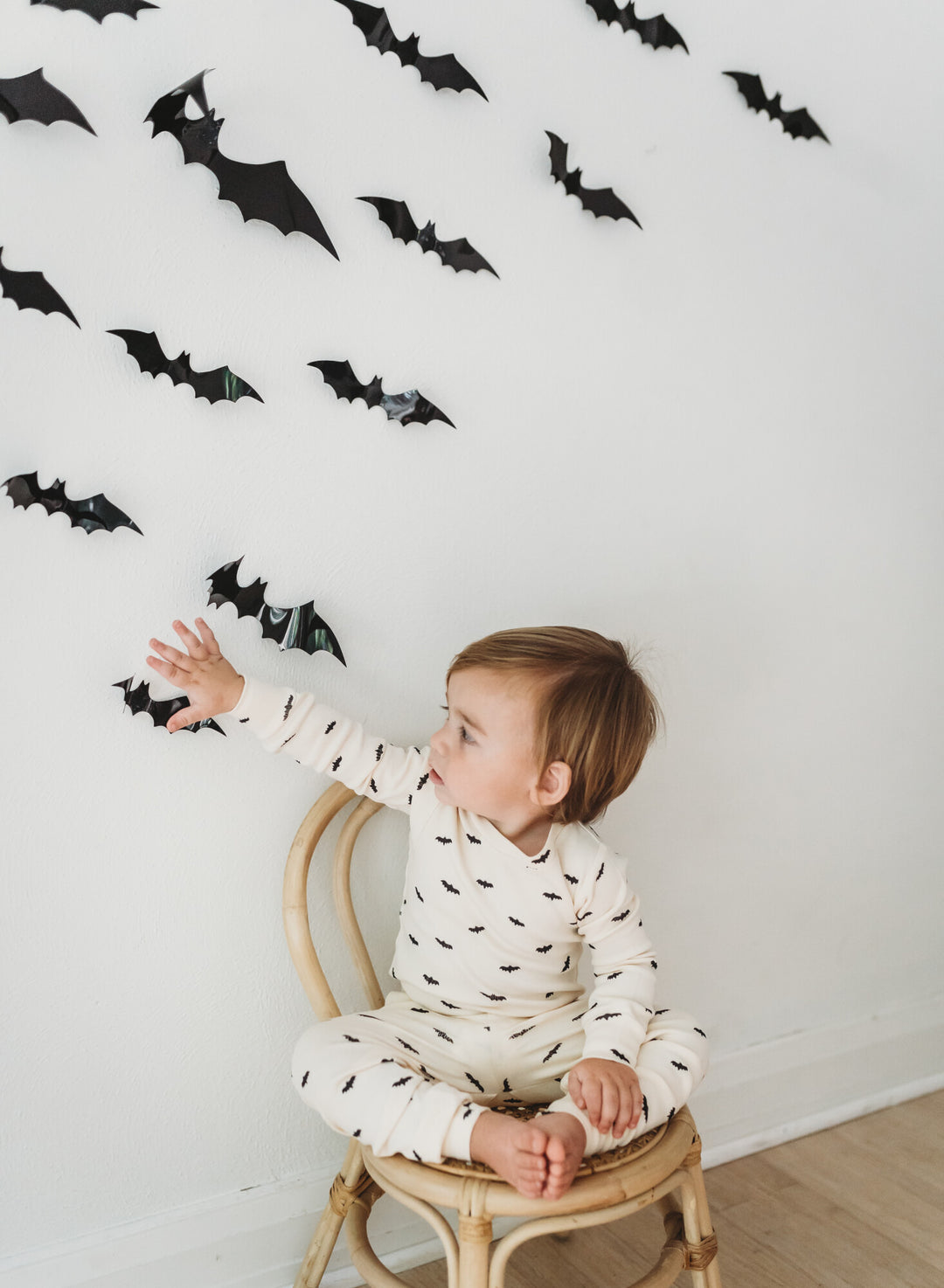 Child Wearing Organic L/Sleeve PJ Set in Bats.