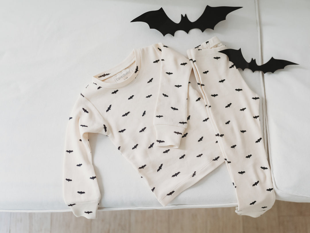 Child Wearing Organic L/Sleeve PJ Set in Bats.