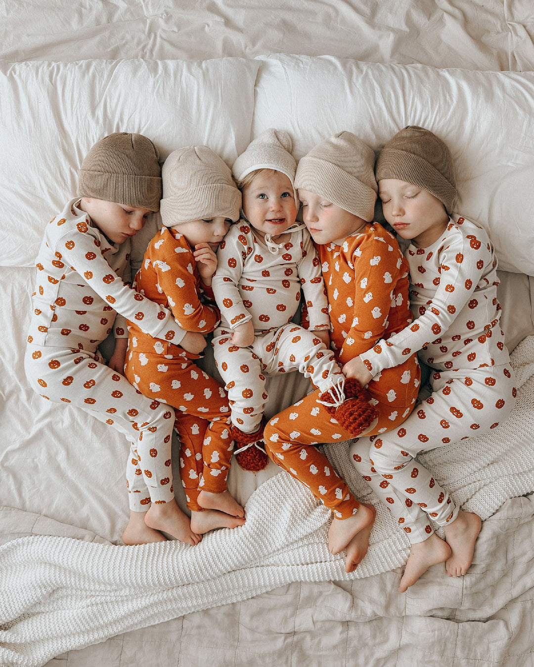 Child wearing Kids' Organic L/Sleeve PJ Set in Ghosts.