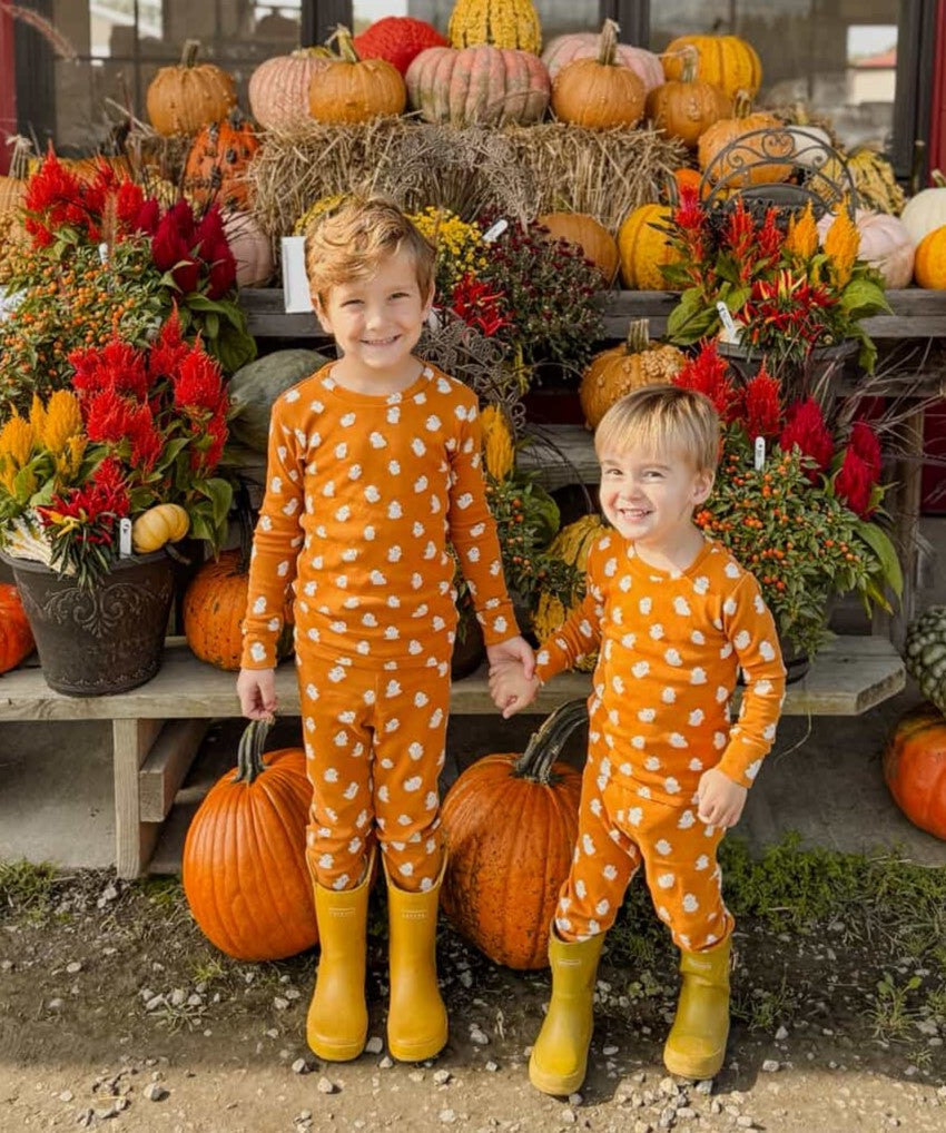 Child wearing Kids' Organic L/Sleeve PJ Set in Ghosts.