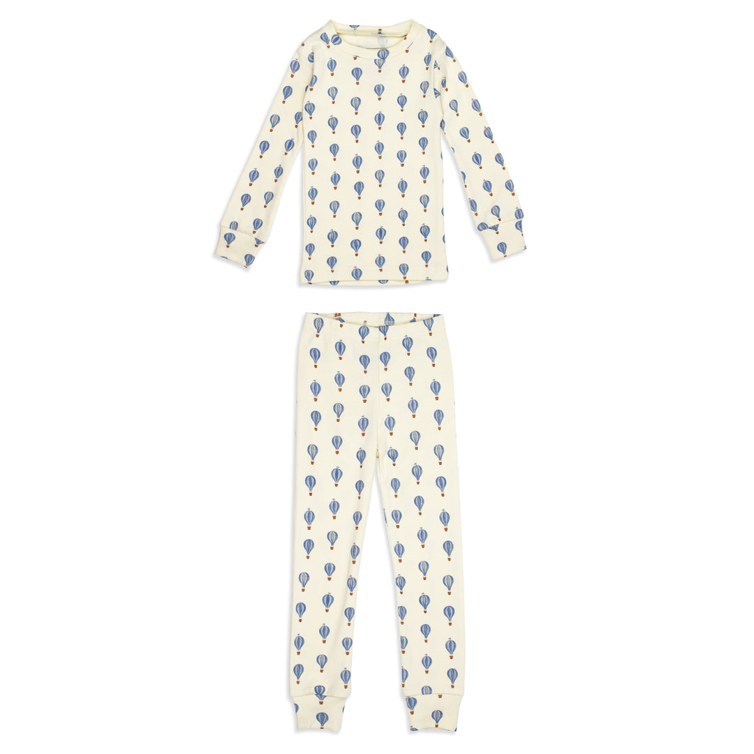 flat image of l/sleeve kids pj set in blue hot air balloon print