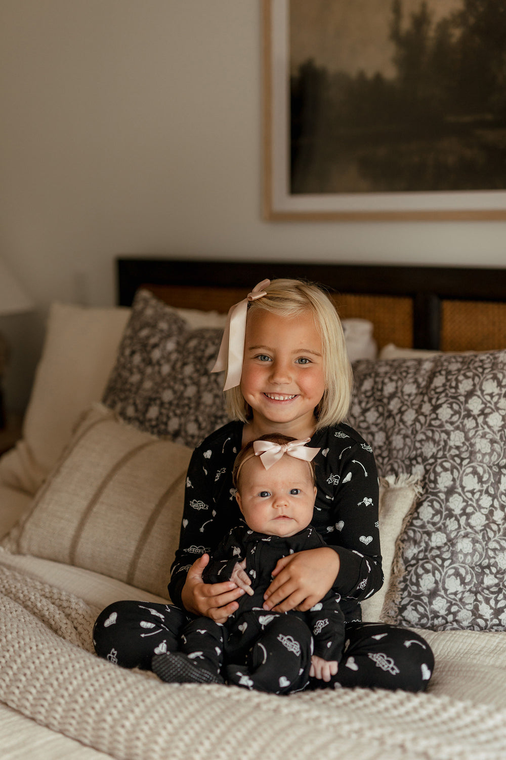 Child wearing Kids' Organic L/Sleeve PJ Set in Mom Heart.