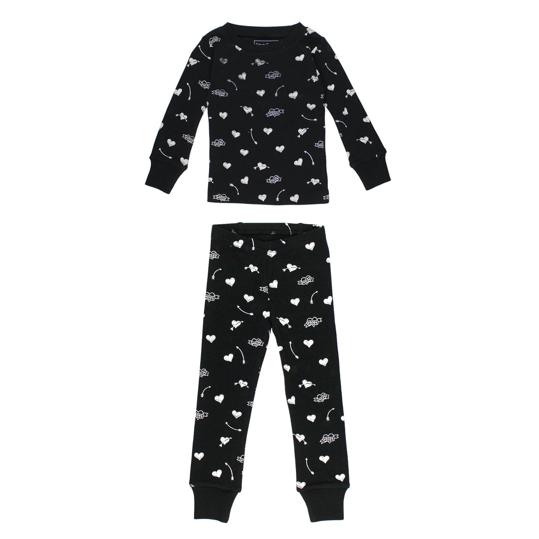 Black pajama set with white patterns on a white background