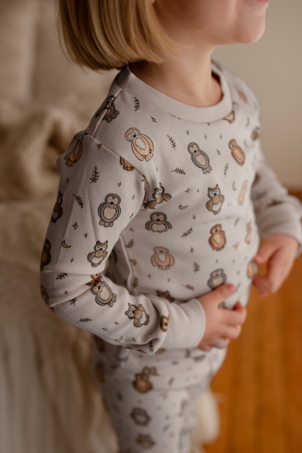 Child wearing Kids' Organic L/Sleeve PJ Set in Owl Hoo?.