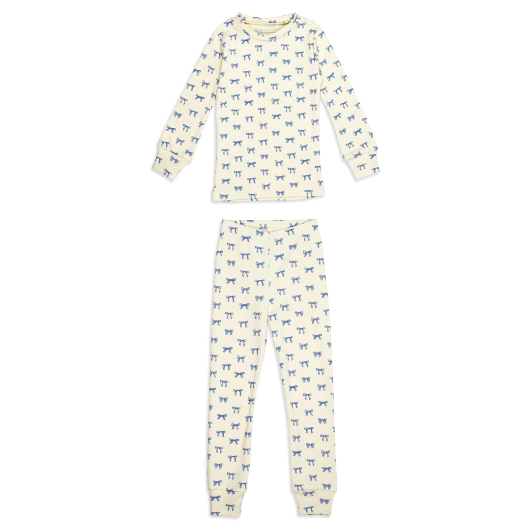 flat image of kids pj set in blue ribbon print