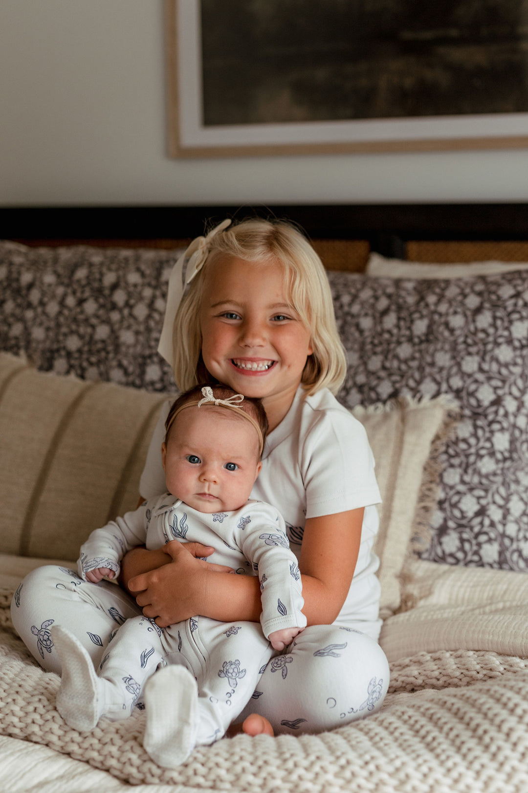 Child wearing Kids' Organic S/Sleeve PJ Set in Sea Turtle.