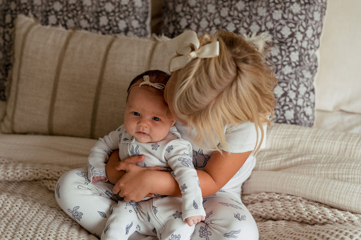 Child wearing Kids' Organic S/Sleeve PJ Set in Sea Turtle.