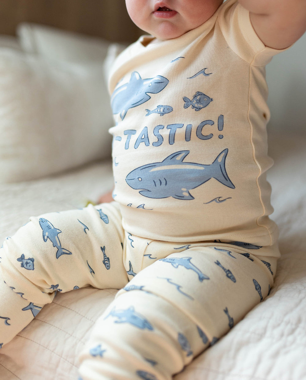 Child wearing Kids' Organic S/Sleeve PJ Set in Shark.