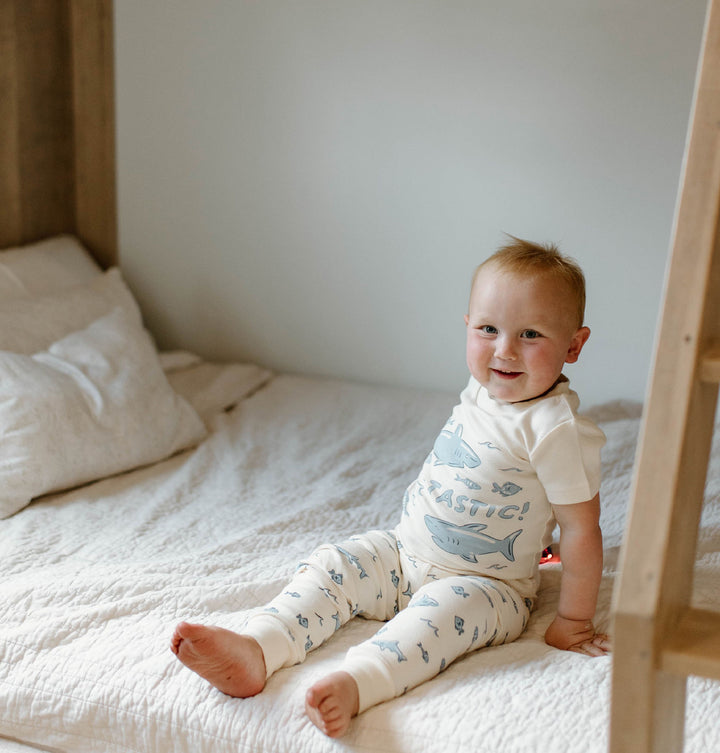 Child wearing Kids' Organic S/Sleeve PJ Set in Shark.