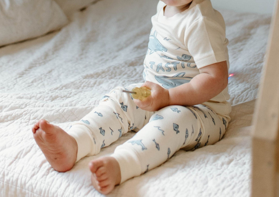 Child wearing Kids' Organic S/Sleeve PJ Set in Shark.