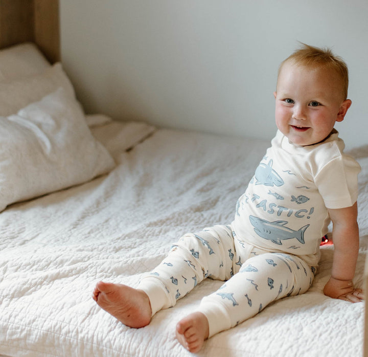 Child wearing Kids' Organic S/Sleeve PJ Set in Shark.