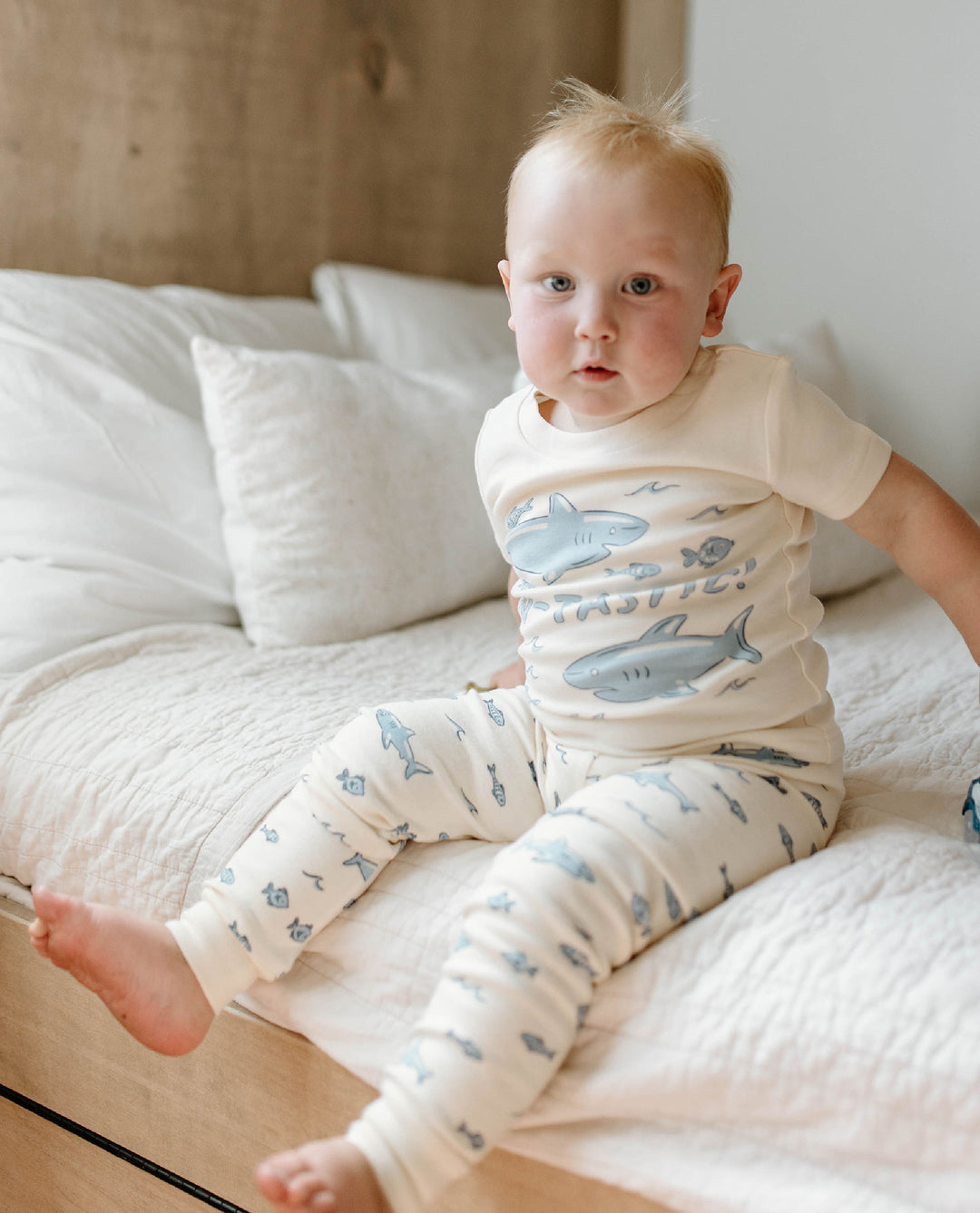 Child wearing Kids' Organic S/Sleeve PJ Set in Shark.