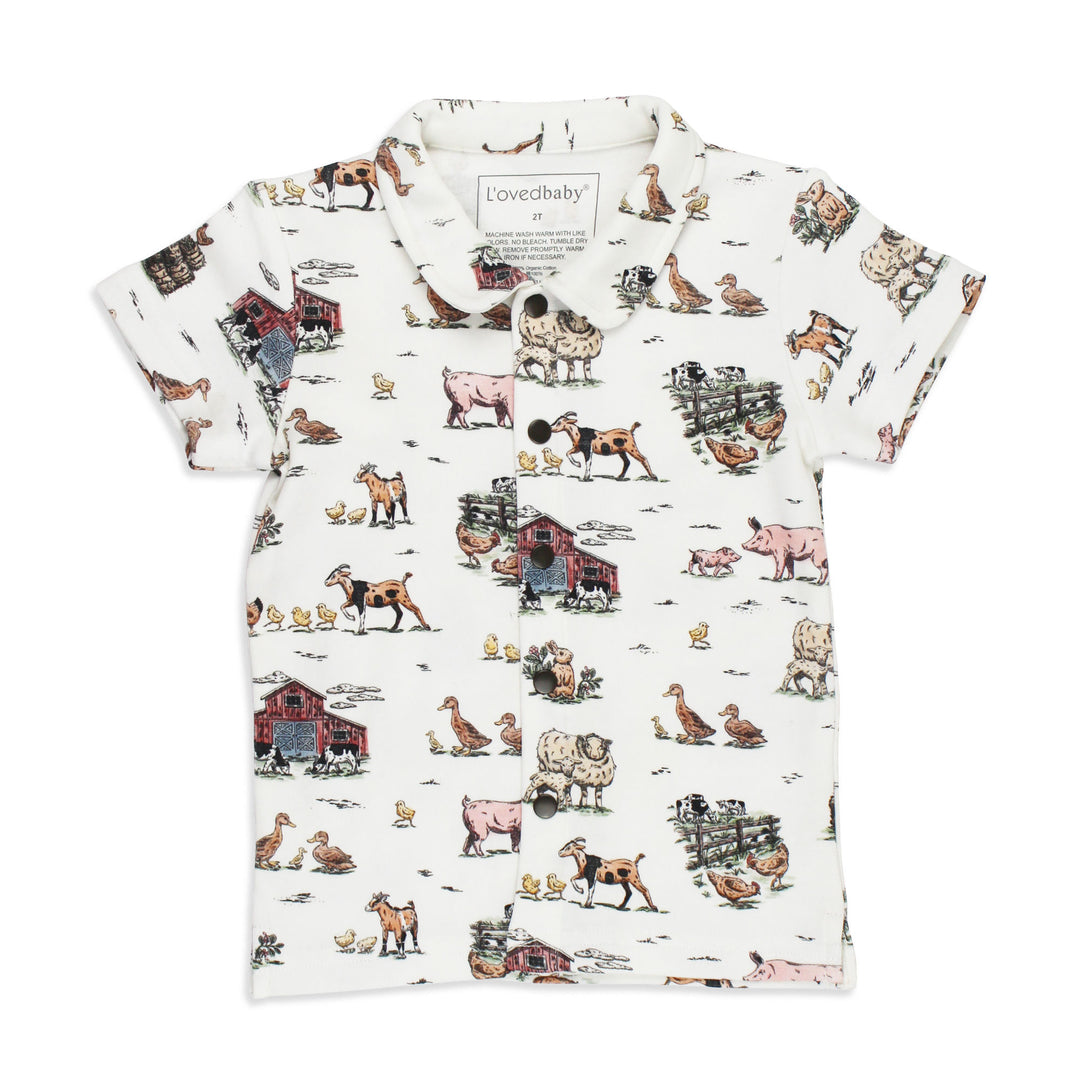 Kids' Organic Button-Up S/Sleeve in Farm Friends.