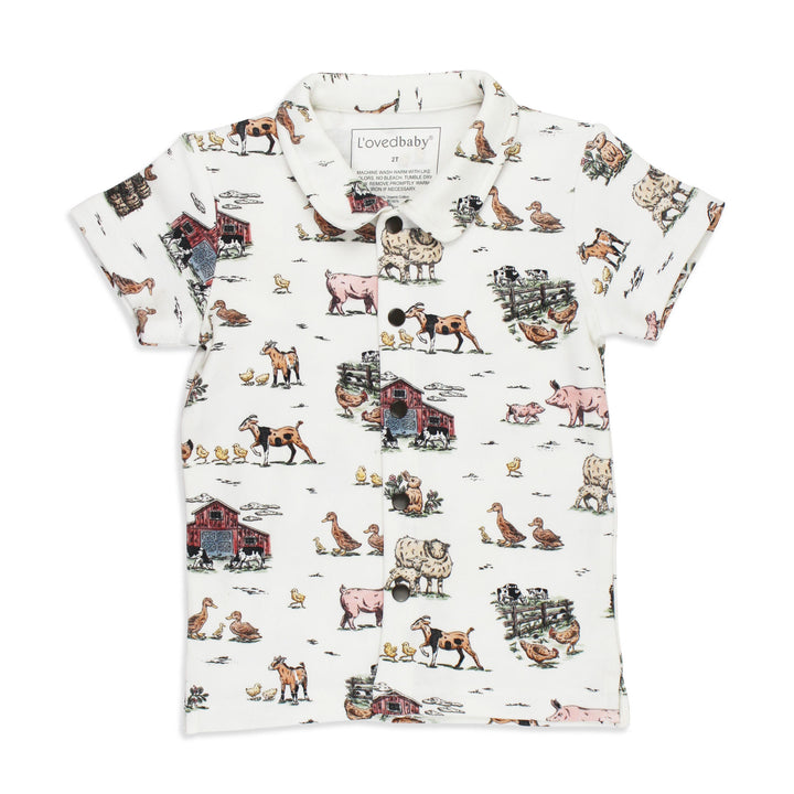 Kids' Organic Button-Up S/Sleeve in Farm Friends.