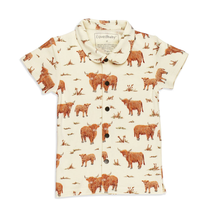 Kids' Organic Button-Up S/Sleeve in Highland Cow.
