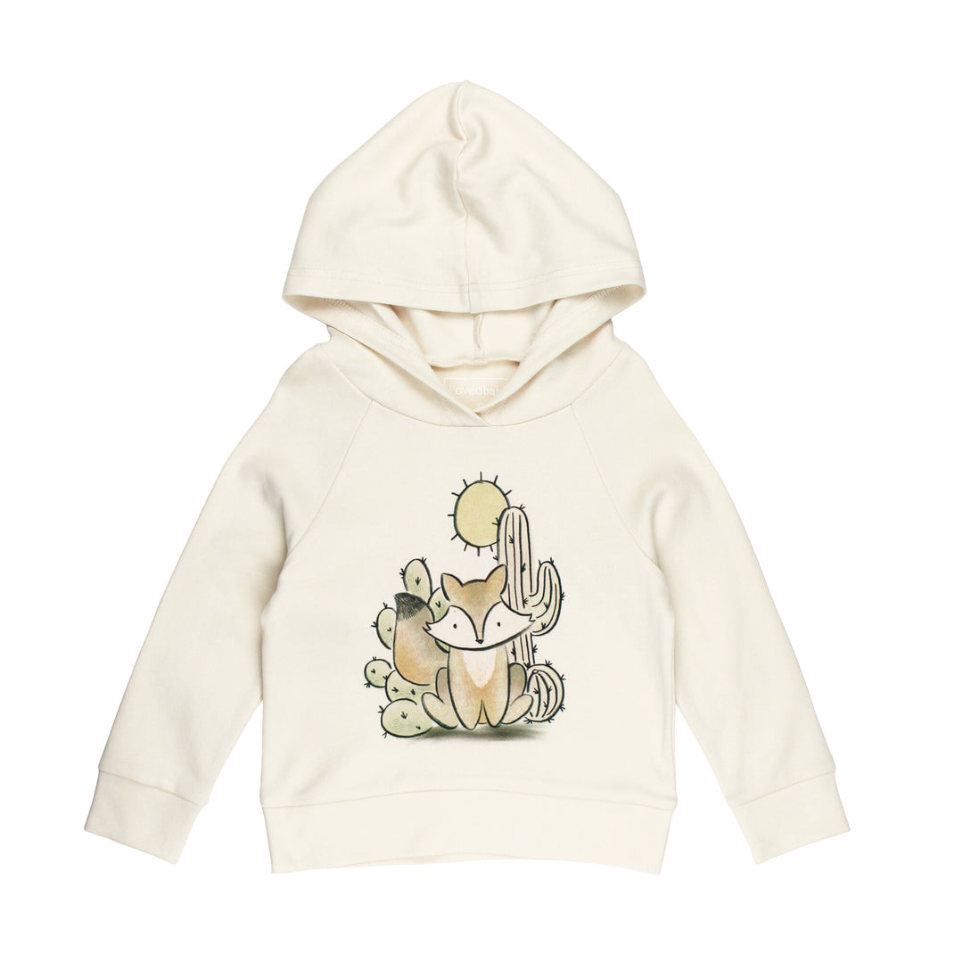 White hoodie with a fox and cactus graphic on a white background