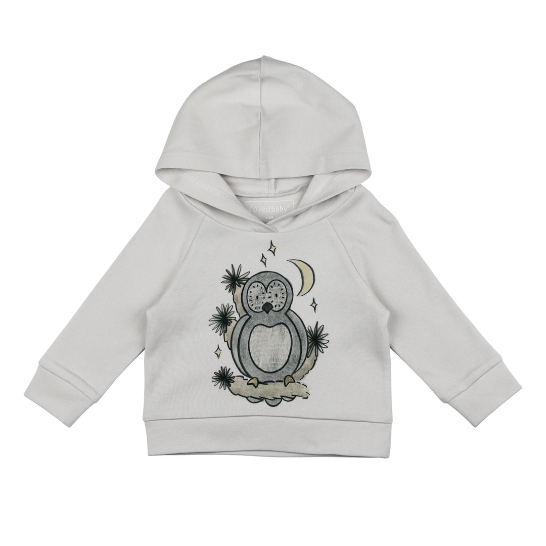 Light gray hoodie with owl design on a white background