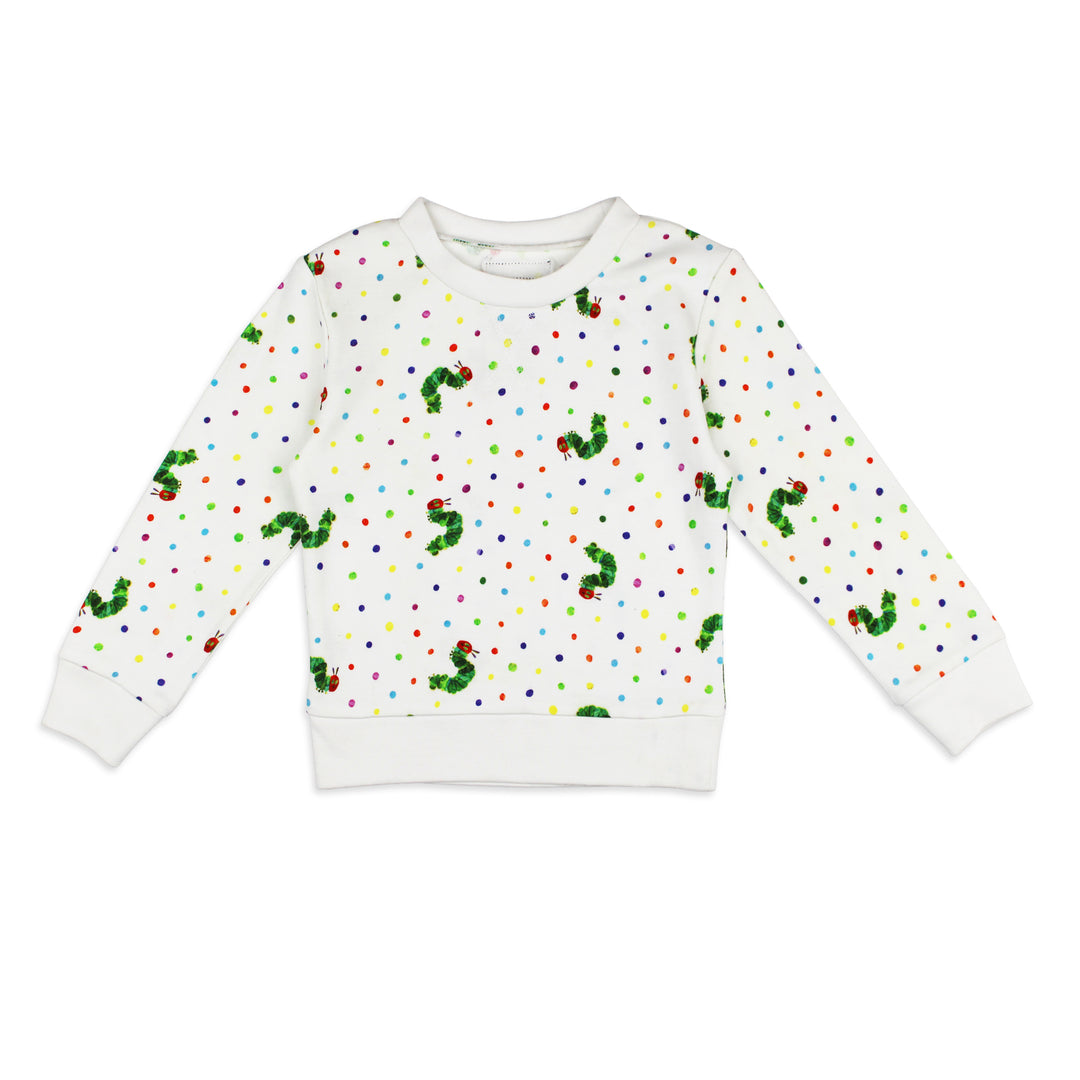 flat image of kids crewneck sweatshirt in caterpillar print