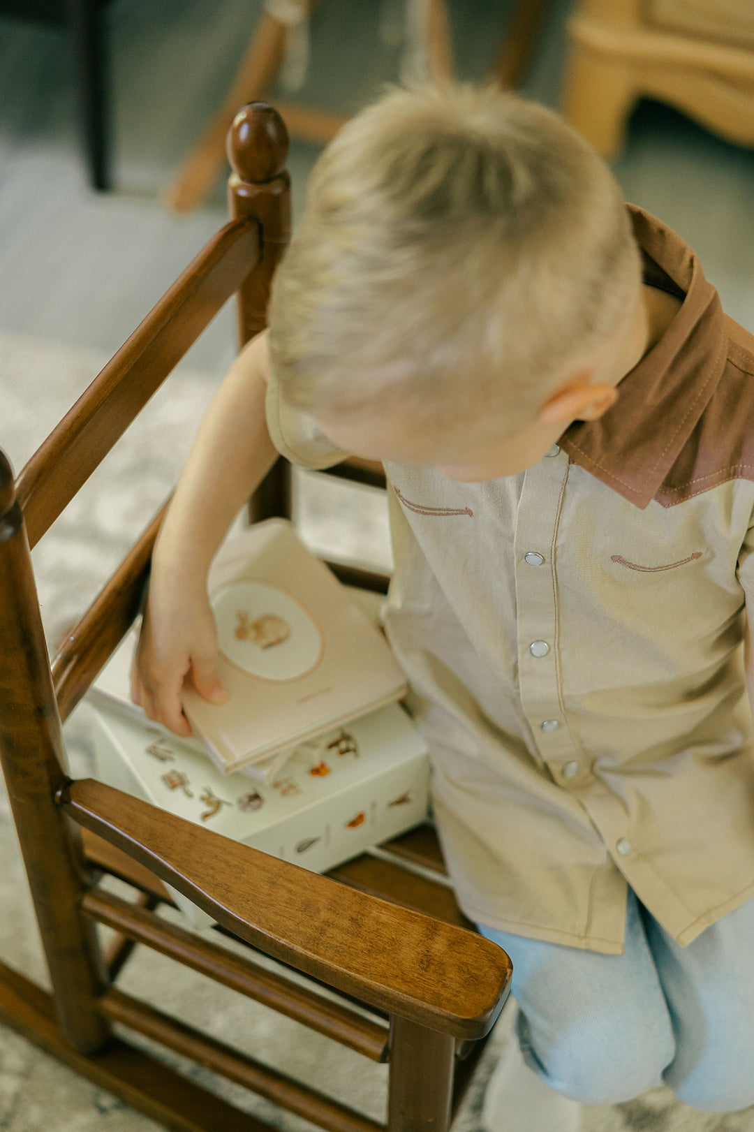 Child wearing Kids' Western Button-Up Shirt in Oatmeal.