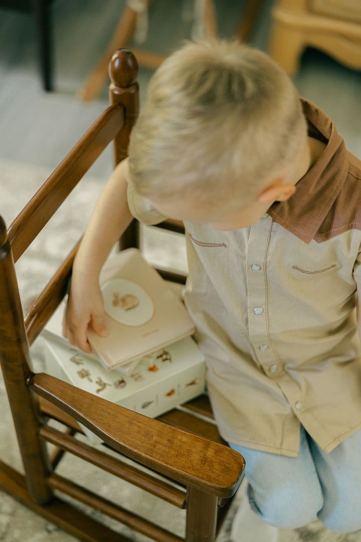 Child wearing Kids' Western Button-Up Shirt in Oatmeal.