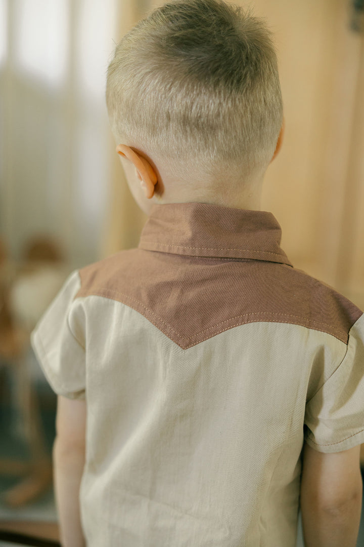 Child wearing Kids' Western Button-Up Shirt in Oatmeal.