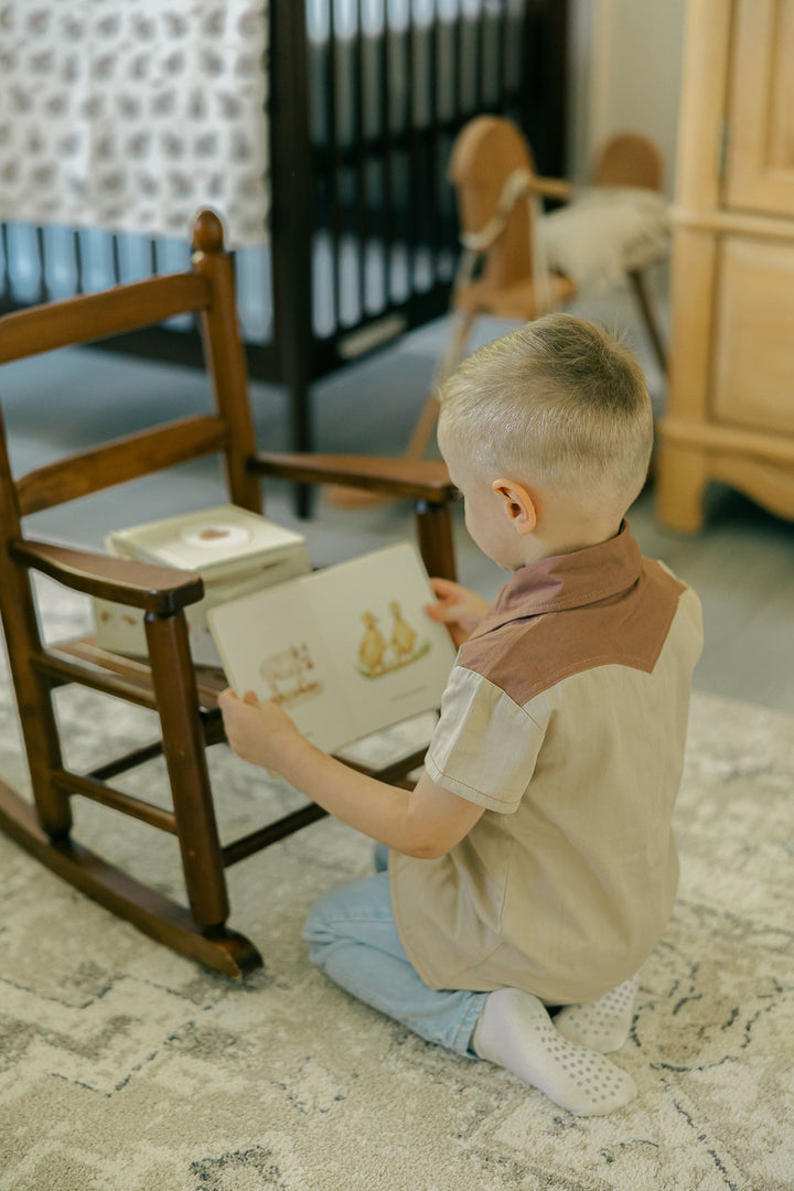 Child wearing Kids' Western Button-Up Shirt in Oatmeal.