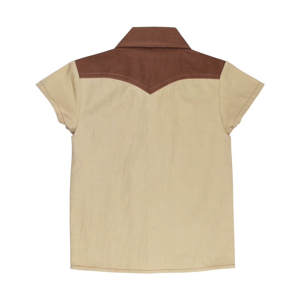 Back view of Kids' Western Button-Up Shirt in Oatmeal, a light tan color.