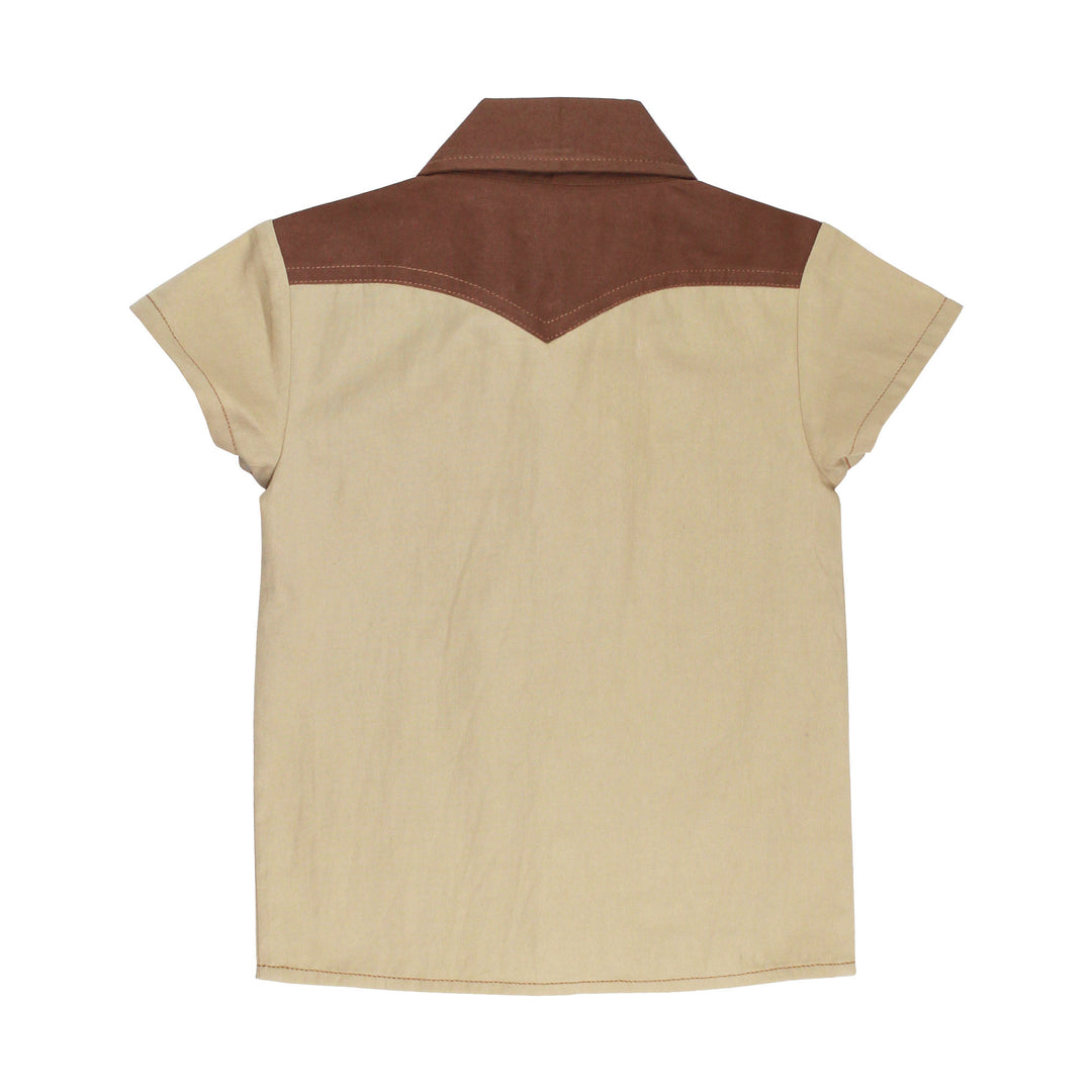 Back view of Kids' Western Button-Up Shirt in Oatmeal, a light tan color.
