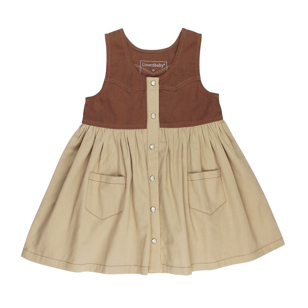Kids' Sleeveless Western Dress in Oatmeal, a light tan color.