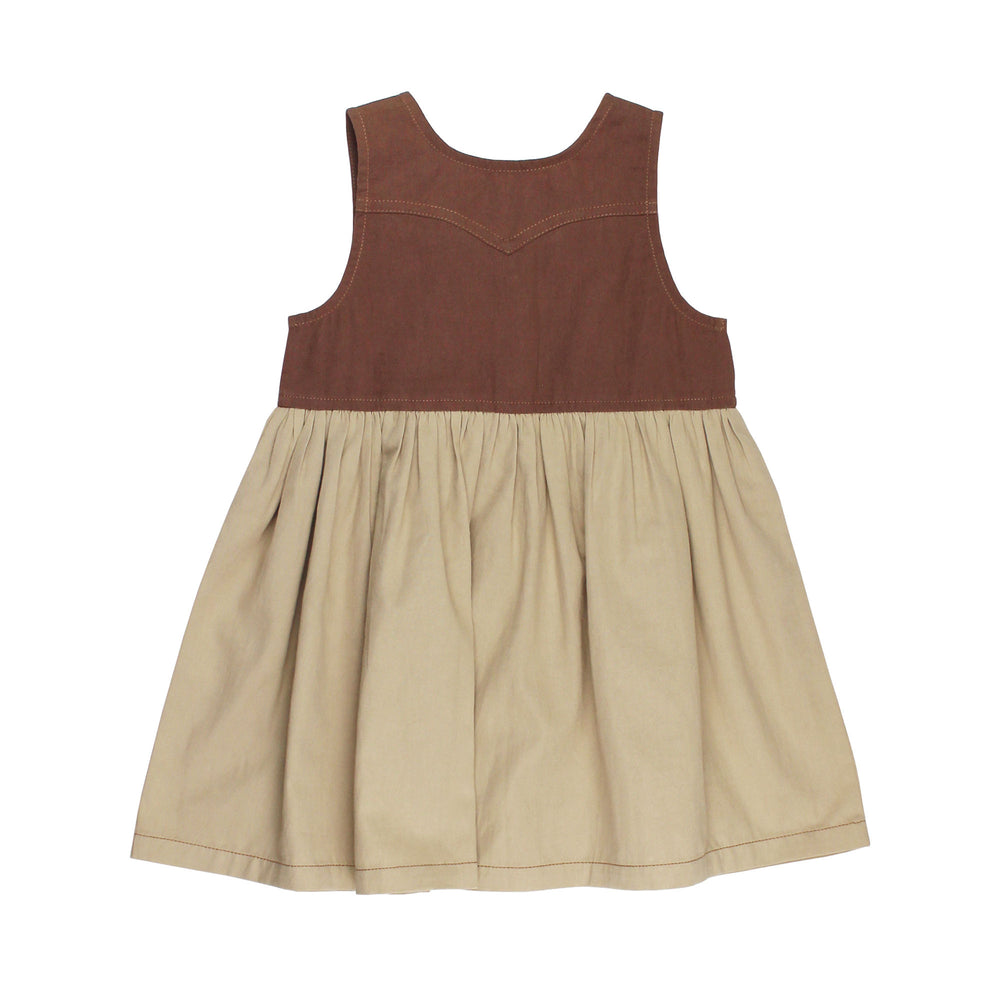 Back view of Kids' Sleeveless Western Dress in Oatmeal, a light tan color.