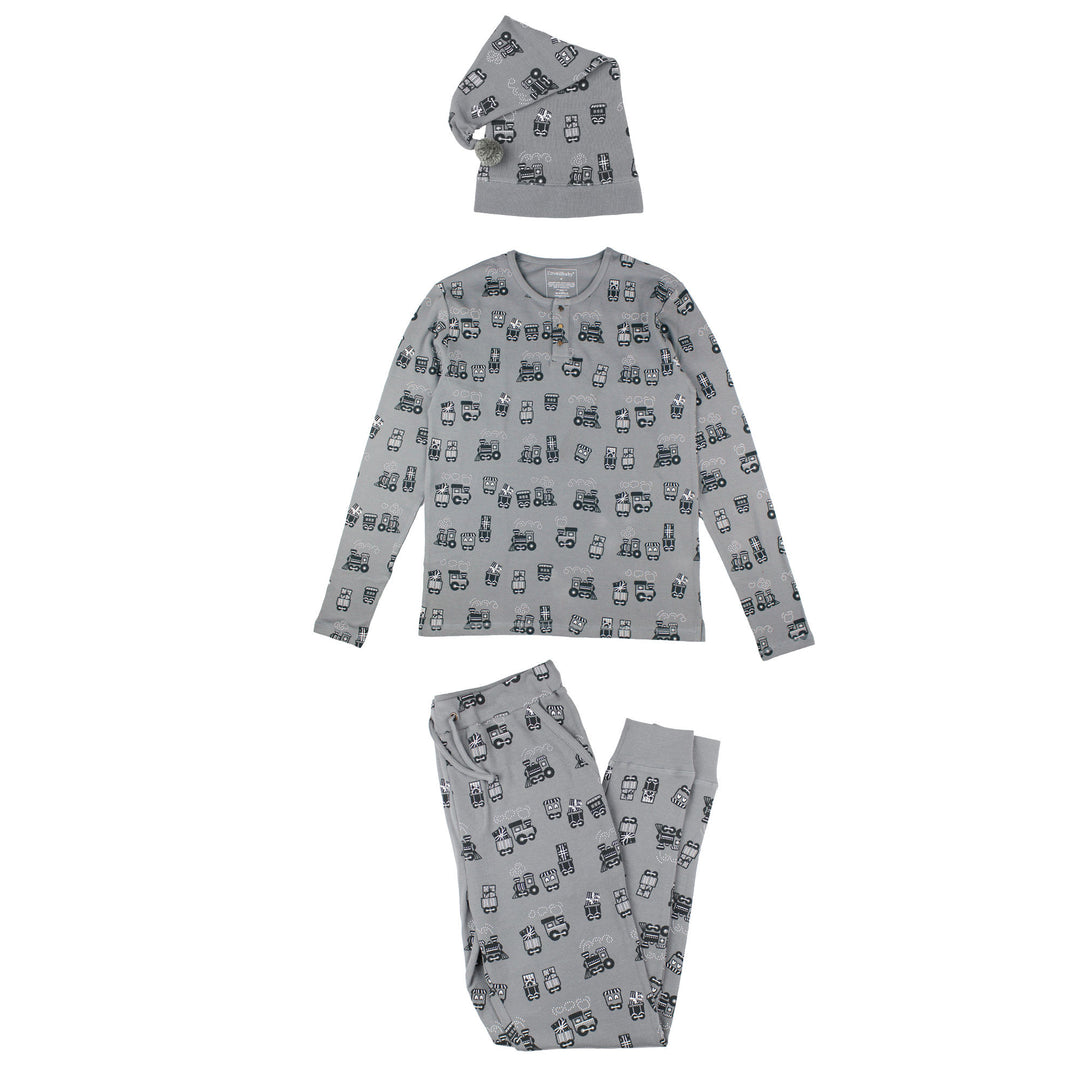 Men's Holiday Thermal PJ & Cap Set in Tinsel Train.