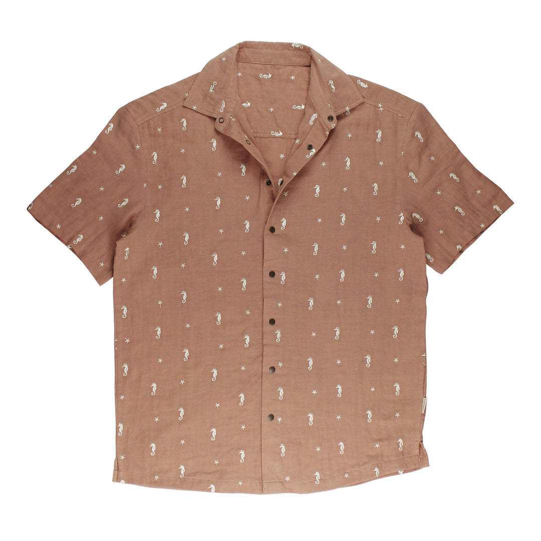 Men's Muslin Button-Up S/Sleeve in Adobe Seahorse.