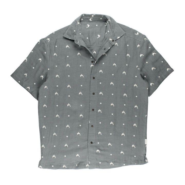 Men's Muslin Button-Up S/Sleeve in Moonstone Dolphin.