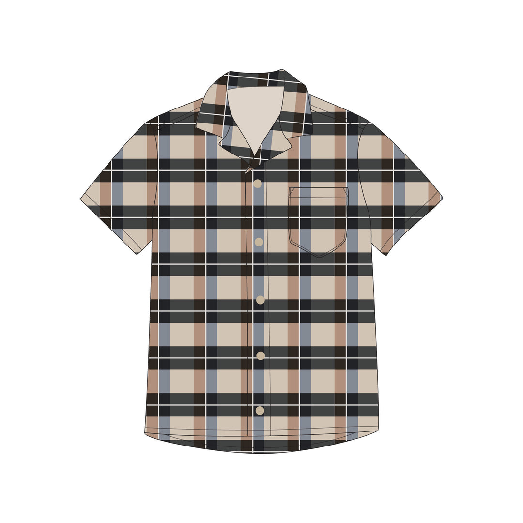 Men's Printed Muslin Button-Up S/Sleeve in Adobe Chia Plaid.