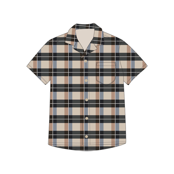 Men's Printed Muslin Button-Up S/Sleeve in Adobe Chia Plaid.