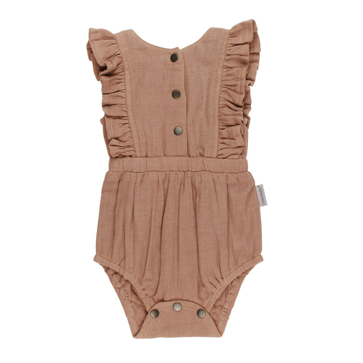 Organic Muslin Ruffle Bodysuit in Adobe, a tan clay color.