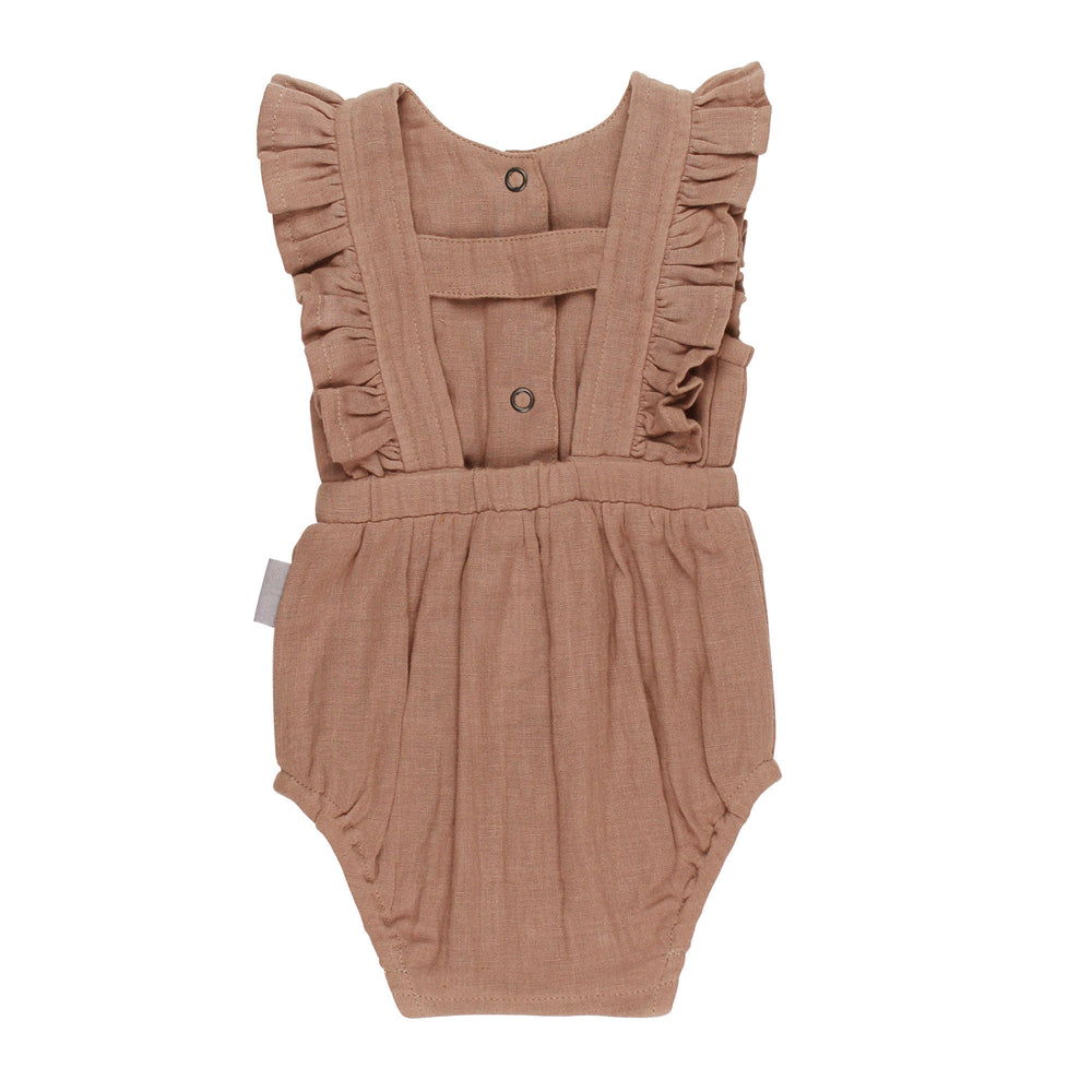 Back view of Organic Muslin Ruffle Bodysuit in Adobe, a tan clay color.