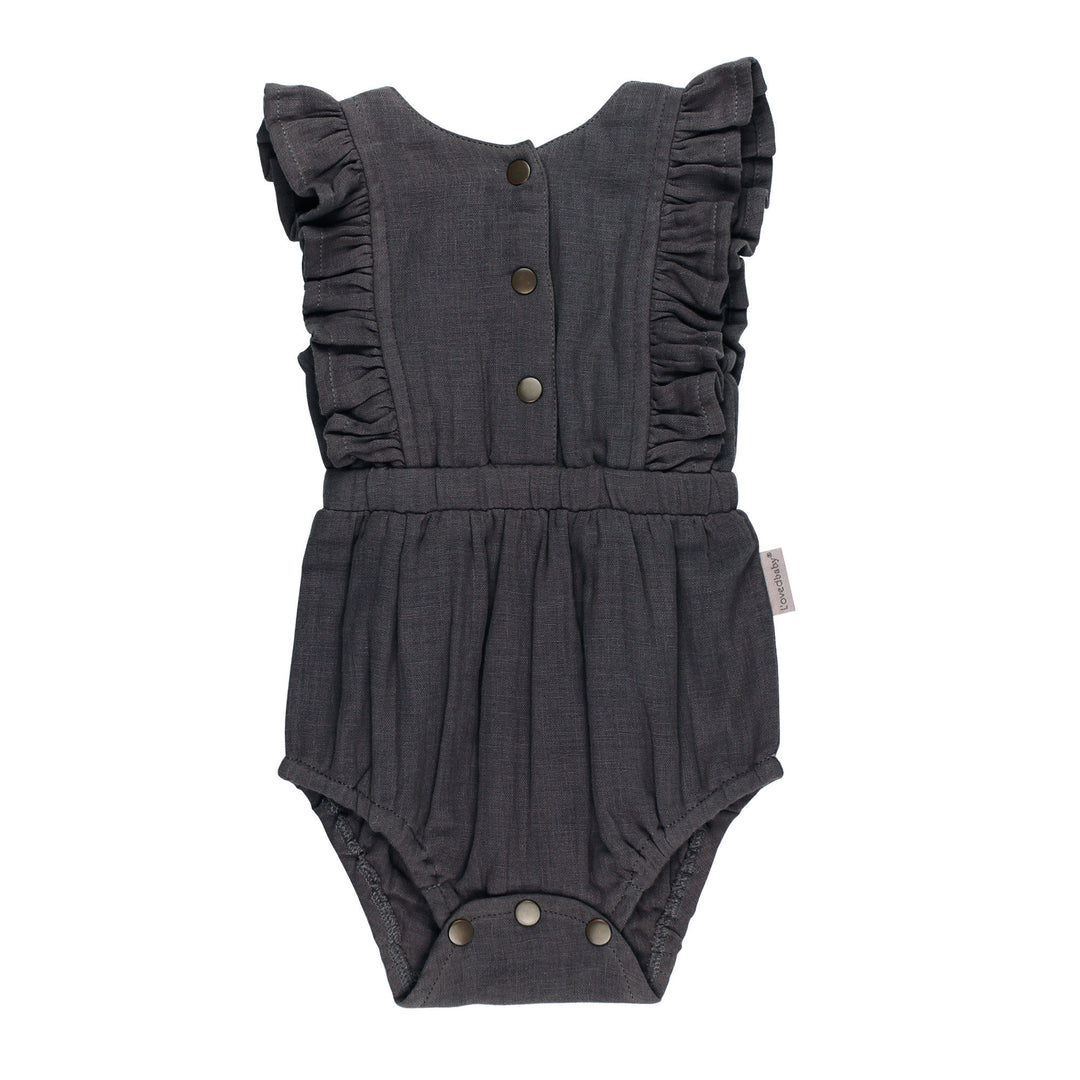 Organic Muslin Ruffle Bodysuit in Chia Seed, a dark gray color.