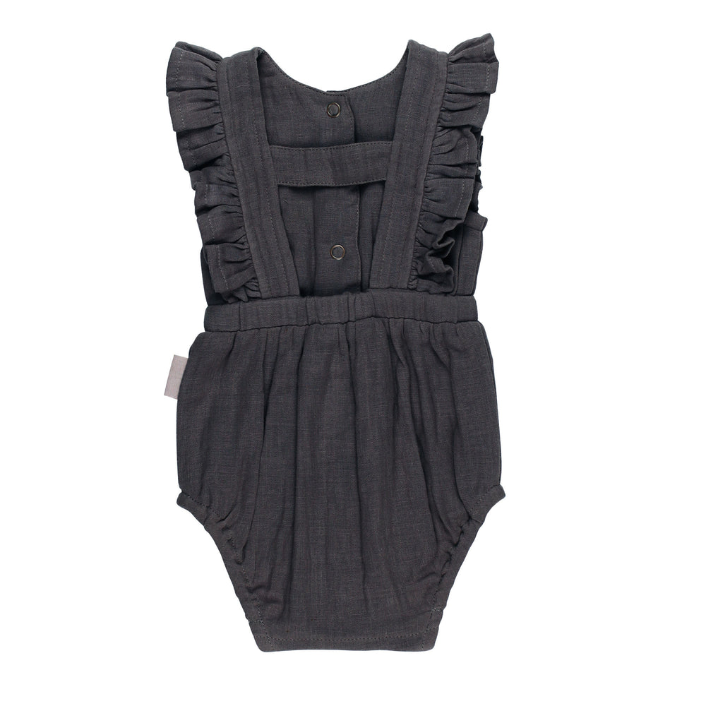 Back view of Organic Muslin Ruffle Bodysuit in Chia Seed, a dark gray color.